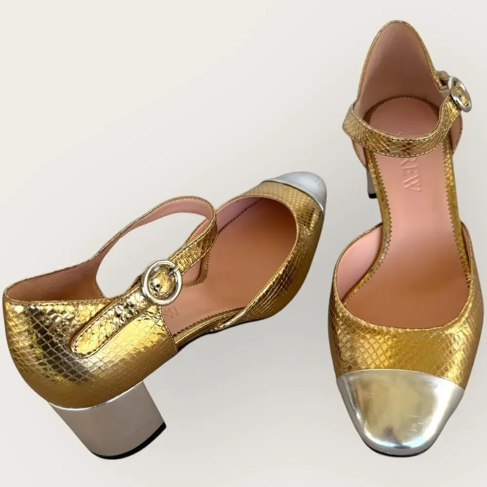 J. Crew Ankle Strap Heels Shoes Snake Embossed Leather Womens 8 Gold Silver